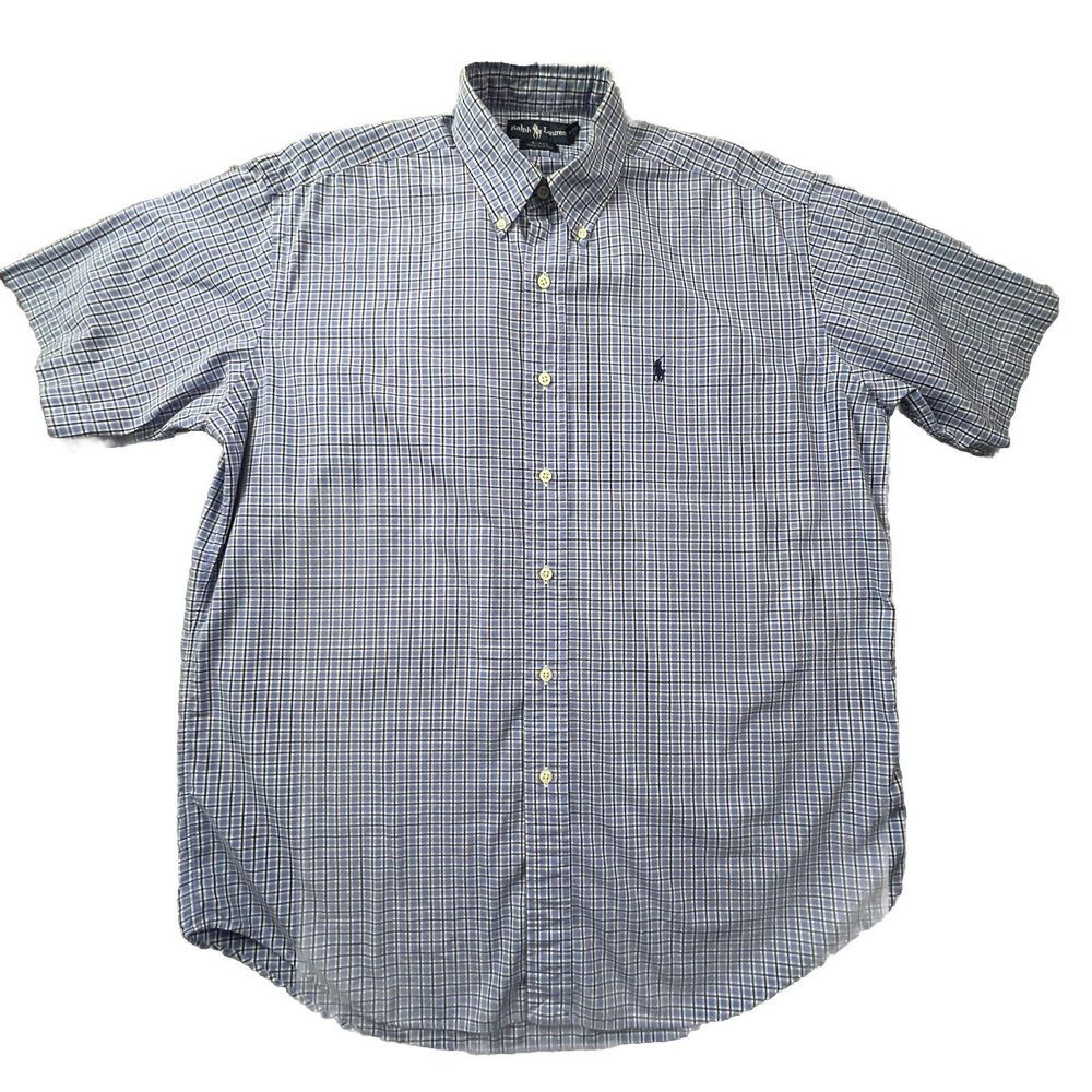 Ralph Lauren Blake Shirt Mens M Blue Plaid Short Sleeve‎ Cotton Button Down Logo